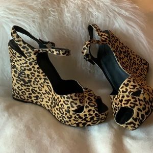 Matiko Leopard Print Leather Calf Hair super tall wedges. Size 9.